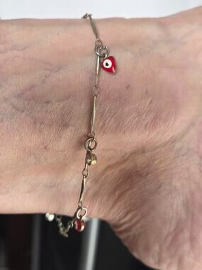 Silver Tone Evil Eye Charm Adjustable Anklet Red Green Rhinestone #AEA1